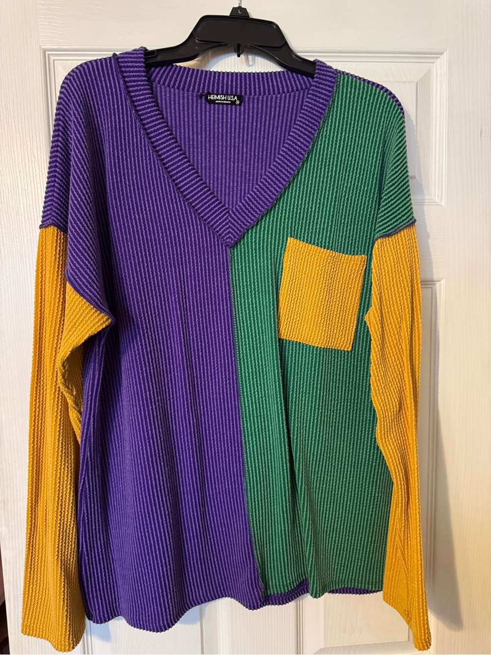 HEIMISH USA Colorblock V-Neck Knit Top in Purple, Green & Yellow